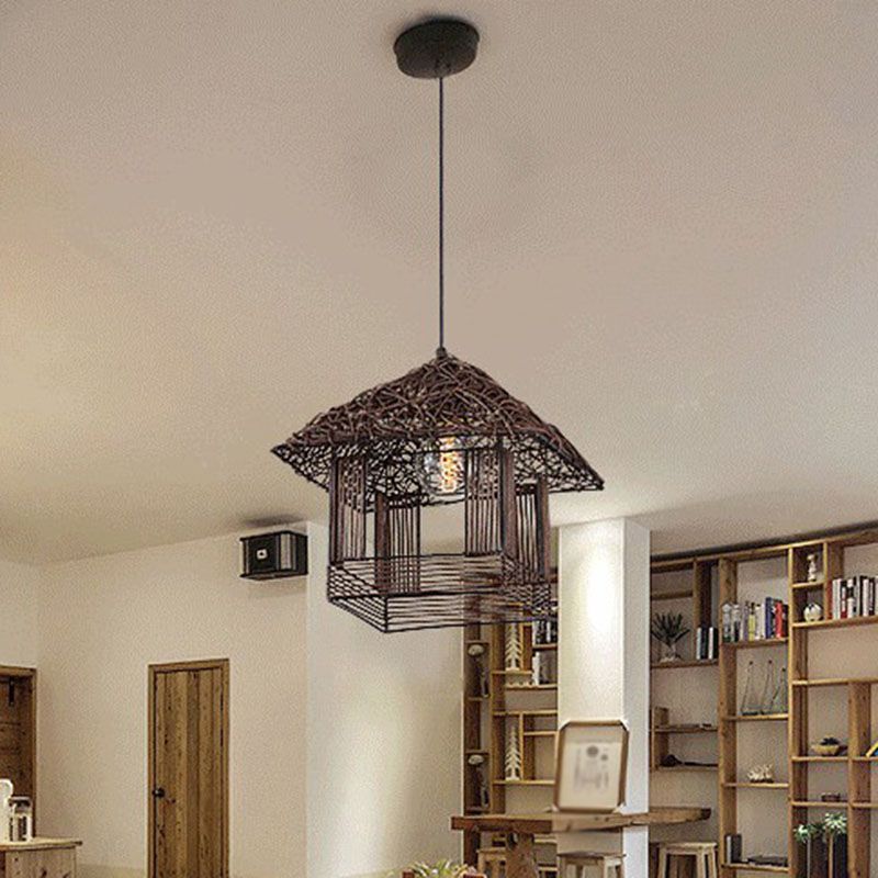 House Shaped Tea Room Pendant Light Bamboo Single-Bulb Contemporary Suspension Light Fixture