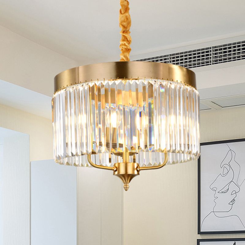 Contemporary Drum Pendant Chandelier Faceted Crystal 3 Bulbs Ceiling Hanging Light in Brass