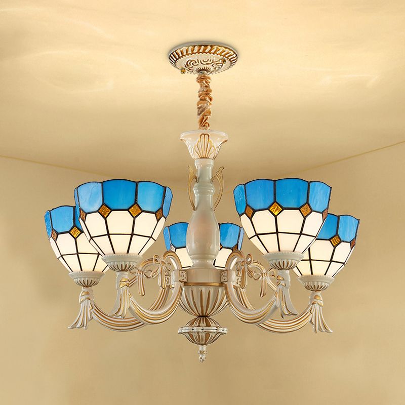 5 Lights Bowl Chandelier Light in Blue Mediterranean Glass Pendant Light for Hall