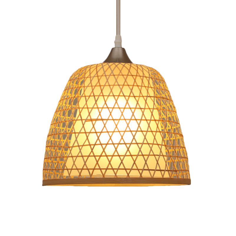 Asian Style Bucket Hanging Light Fixture with Cross Woven Design Bamboo 1 Bulb Bedroom Pendant Lamp