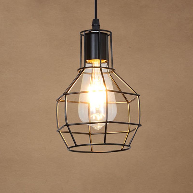 1-Light Wire Cage Pendant Lamp Industrial Black Iron Hanging Lighting for Restaurant