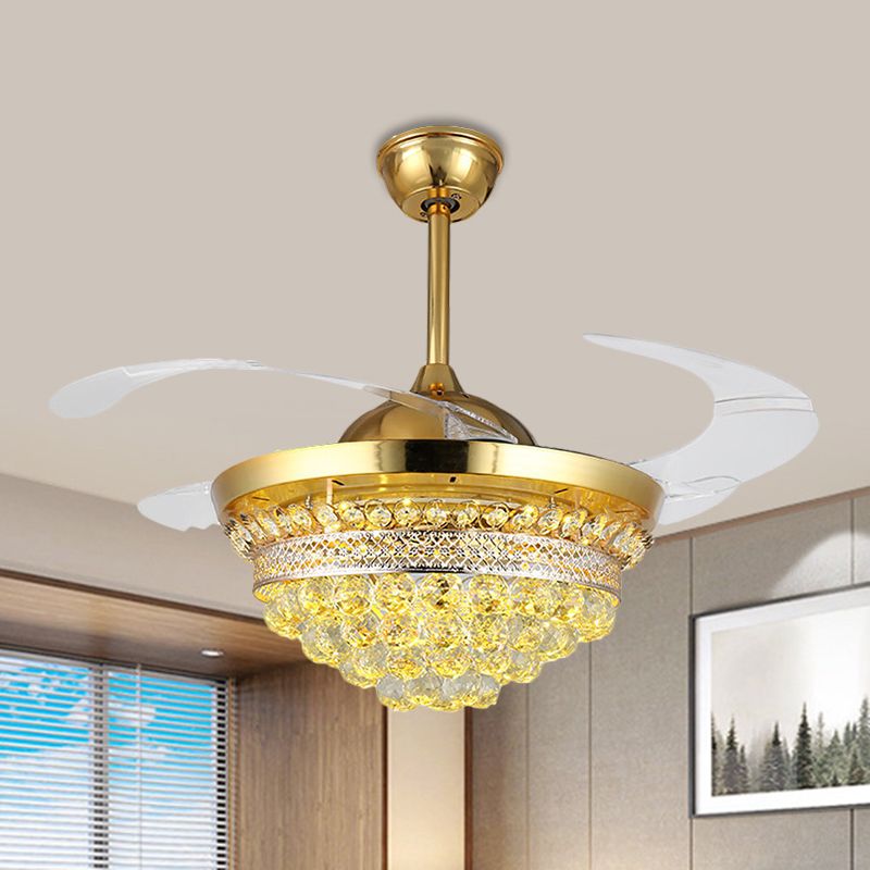 4 Blades Simple Conic Pendant Fan Lamp Crystal Ball LED Parlor Semi Flush Light Fixture in Gold, 19" Width