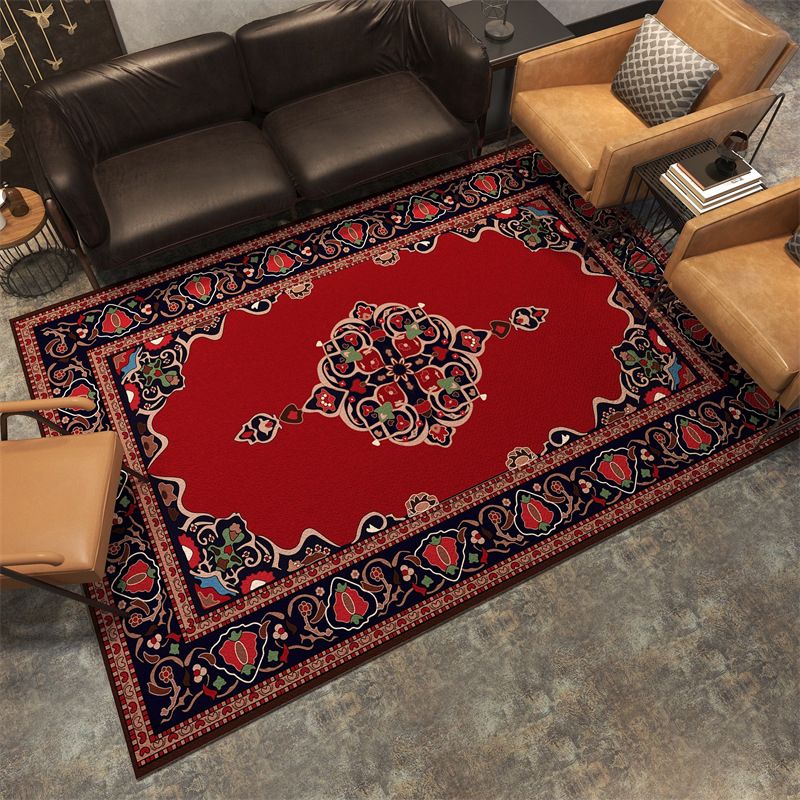 Chic Red Traditional Rug Polyester Tribal Pattern Area Carpet Non-Slip Rug for Home Decor