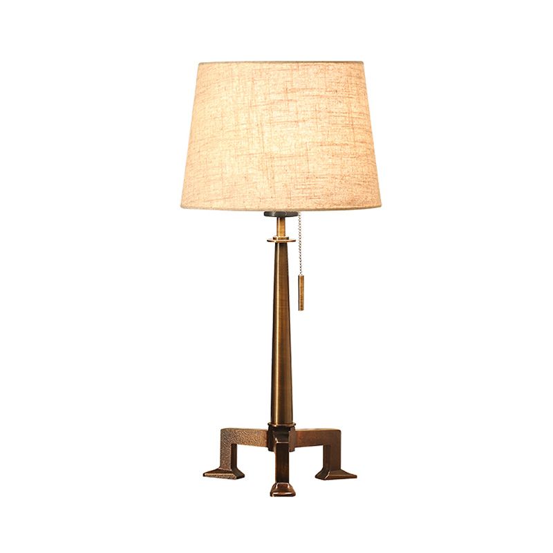 Bronze 1 Bulb Table Lamp Countryside Style Fabric Tapered Shade Desk Light with Pull Chain