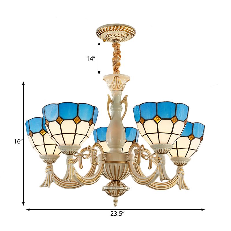 5 Lights Bowl Chandelier Light in Blue Mediterranean Glass Pendant Light for Hall