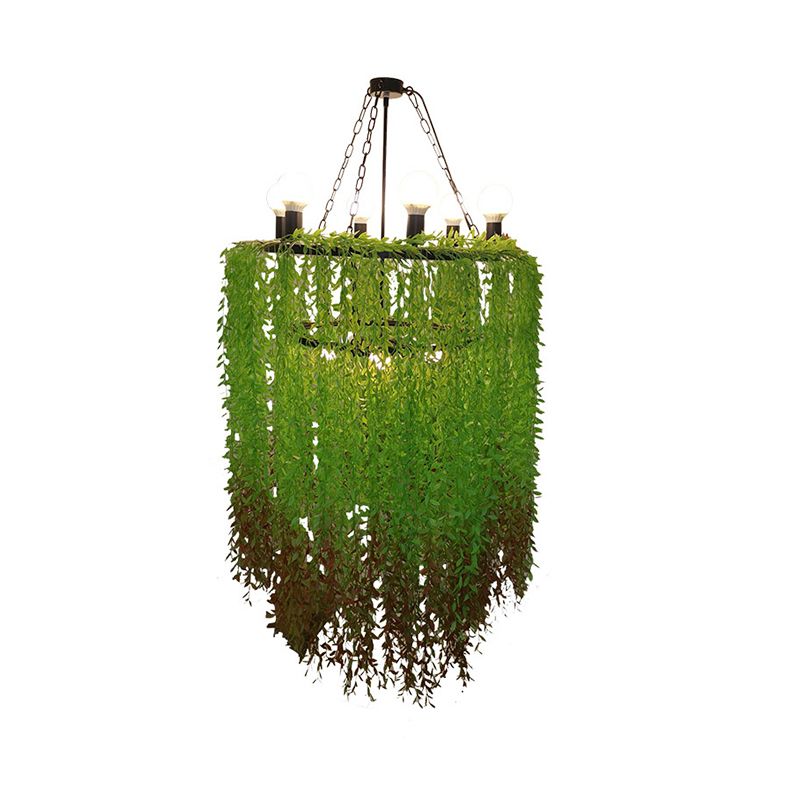 6 Heads Cylinder Chandelier Lamp Industrial Green Metal Suspension Lighting with Plant Decoration