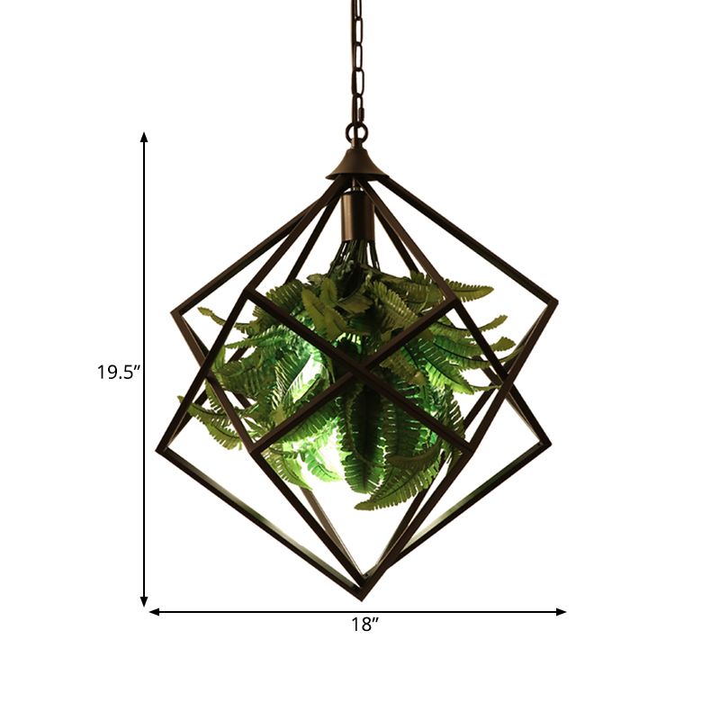 Metal Geometric Hanging Ceiling Light Retro 1 Bulb Restaurant LED Suspension Lamp in Black with Plant, 18"/21.5" Wide