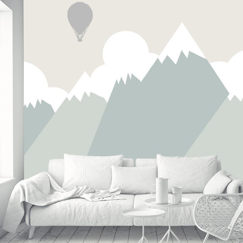 Hot Air Balloon Wall Murals in Grey and Green, Kids Style Mountain Wall Decor for Home