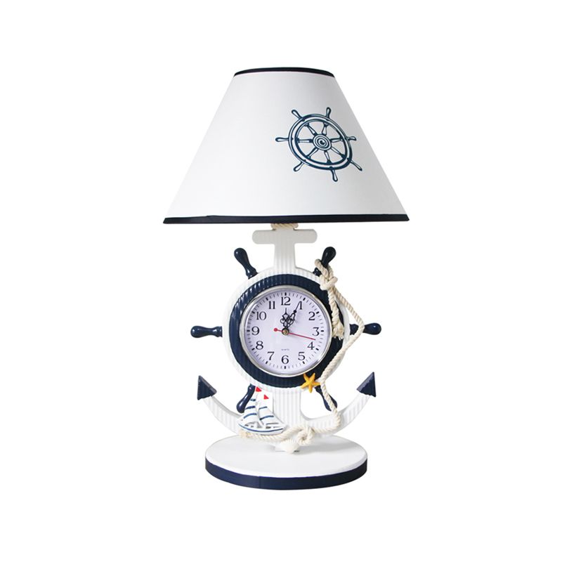 Rudder Base Table Lighting Children Style Resin Single Bulb Blue Shaded Night Stand Lamp with Clock Design