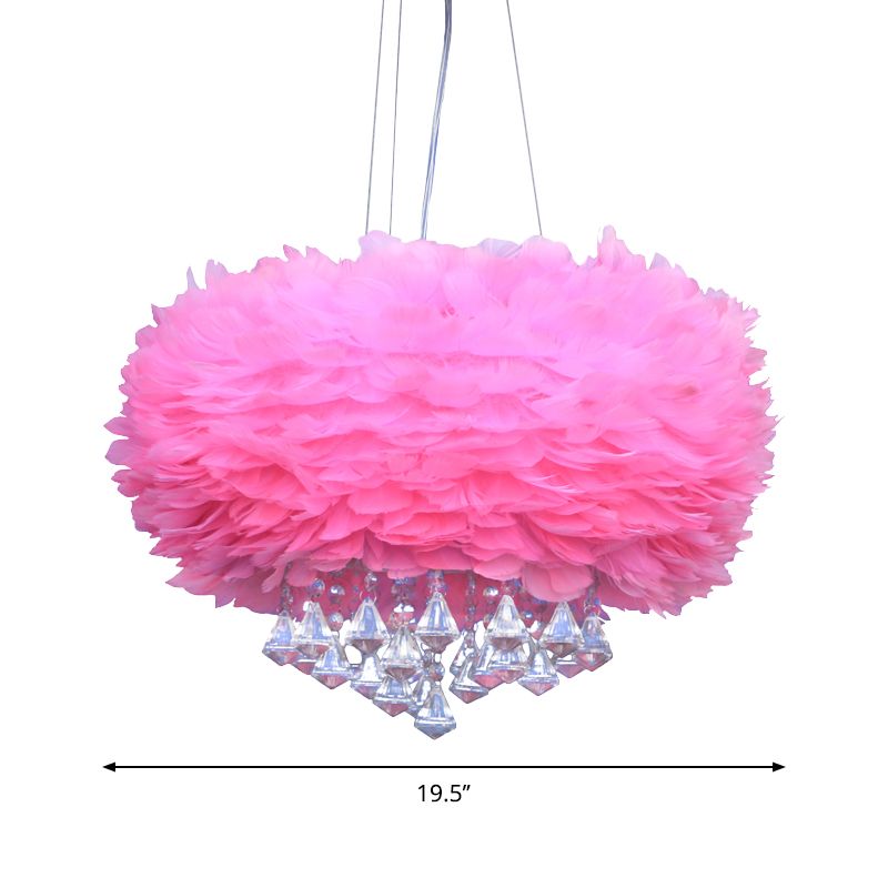 Pink Dome Pendant Light Contemporary 3 Lights Feather Chandelier Lamp with Crystal Draping