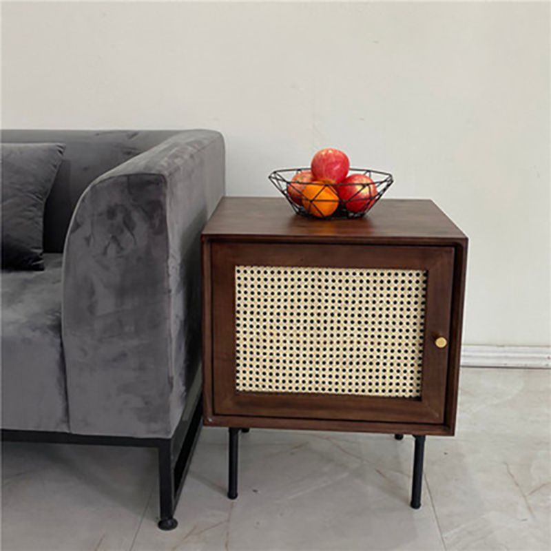 15.75" Tall Rattan Bedside Cabinet Solid Wood Nightstand with 1 Door