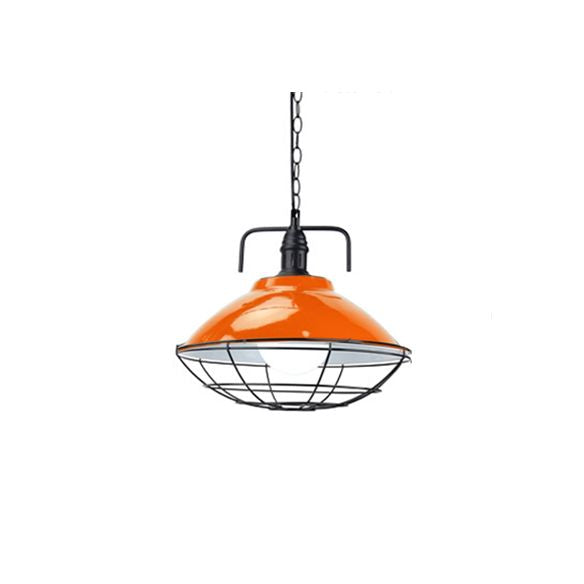 11 "/14" Dia 1 Light Dome Hanging Lampada industriale Servo in metallo nero/blu Accensione con gabbia a filo per interno