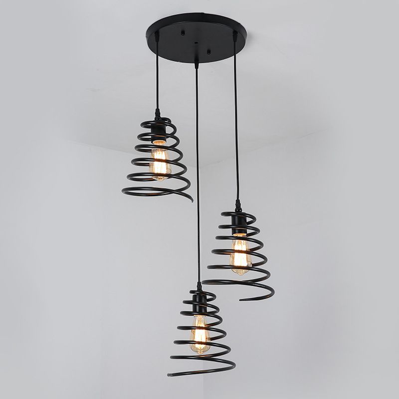 3 Heads Multi Light Pendant Loft Conical Spring Iron Hanging Ceiling Light in Black with Round/Linear Canopy