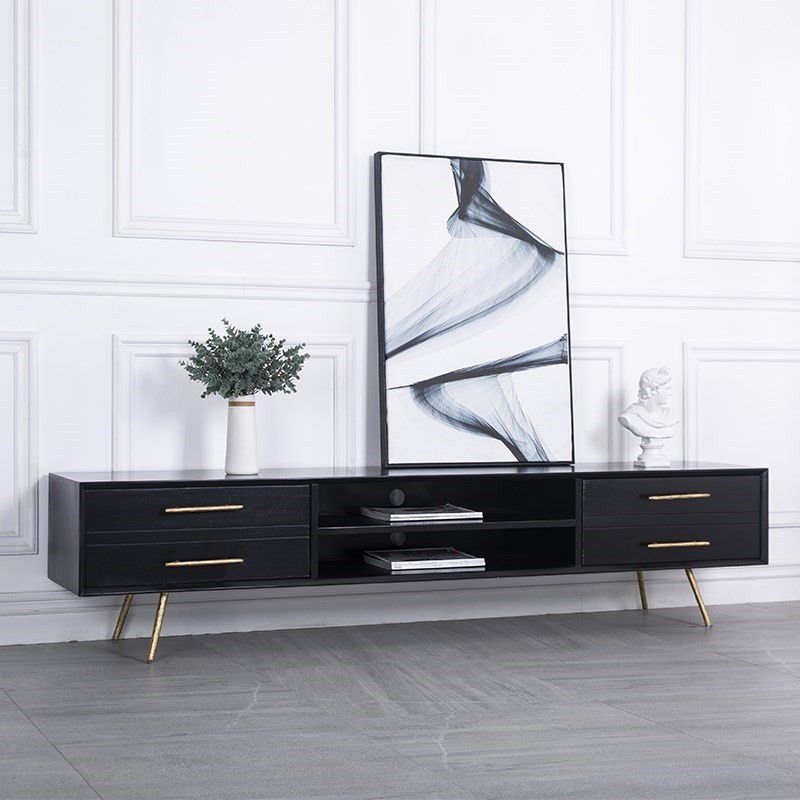 Glam Style TV Stand Black Colour Wood TV Console with Open Storage