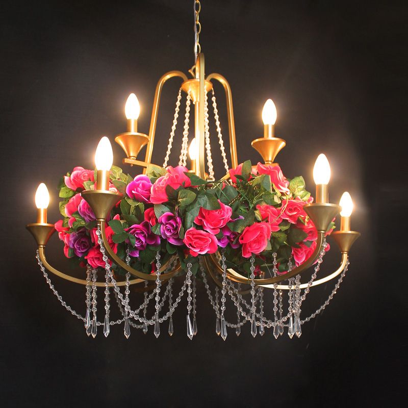 9 Lights Pendant Chandelier Antique Candelabra Iron Flower Ceiling Hang Fixture with Clear Crystal in Gold