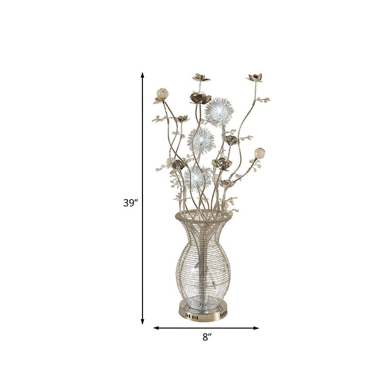 Urn-Like Metallic Table Lamp Decorative Bedroom Swing Arm LED Nightstand Light with Flower Design in Silver