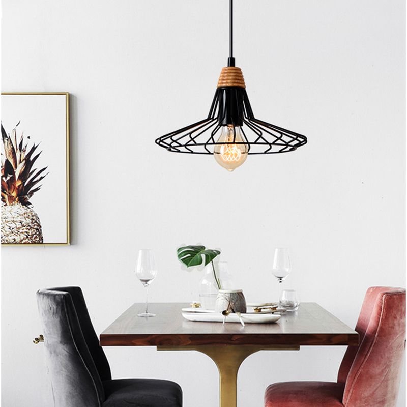 1-Light Flared Wire Cage Hanging Lamp Vintage Black/White Wrought Iron Pendant Light Fixture with Wooden Cap for Restaurant