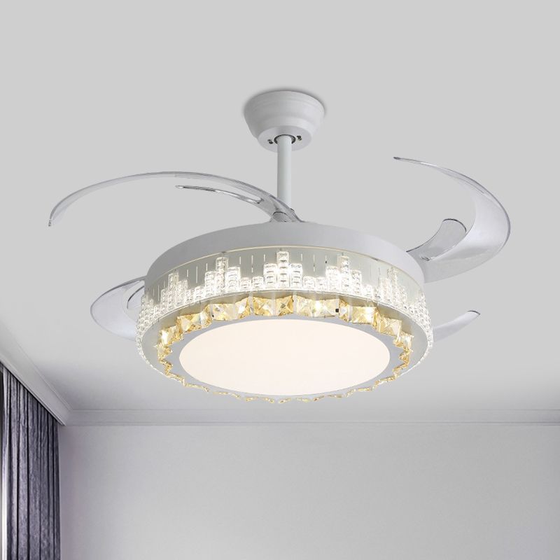 4 Blades LED Pendant Fan Lamp Contemporary Circular Clear Crystal Blocks Semi Flush Mount, 19" Width