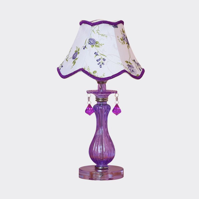 Romantic Pastoral 1 Light Night Lamp Purple Cone/Scalloped Nightstand Light with Fabric Shade and Crystal Accent