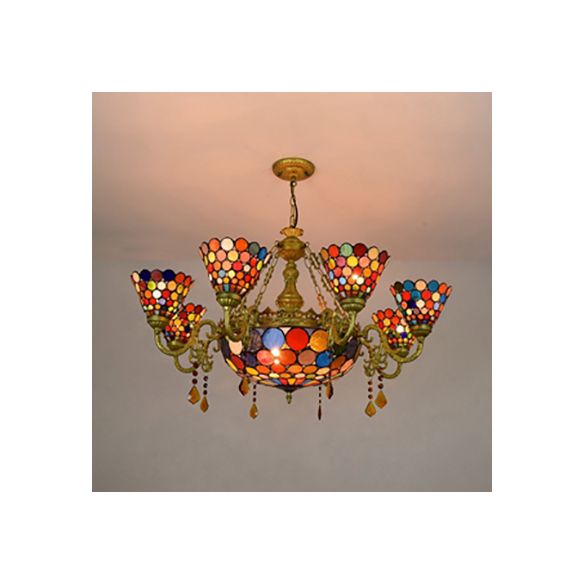 Lustre en cône de verre tachée Lumière rustique 11 lumières lustre inversé avec motif de cercle coloré