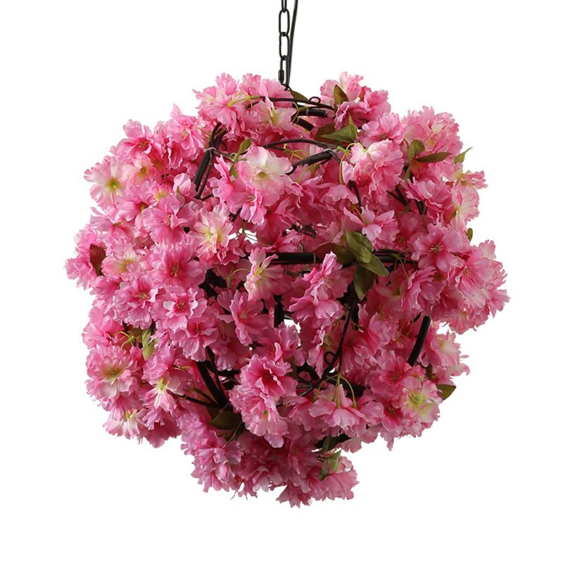 1 Light Pendant Lighting Fixture Vintage Globe Metal Hanging Lamp in Pink with Flower Decoration