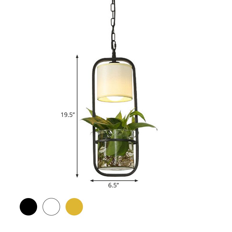 Cylinder LED Pendant Light Fixture Rustic Black/White/Gold Fabric Hanging Light in Warm/White Light with Plant Cup