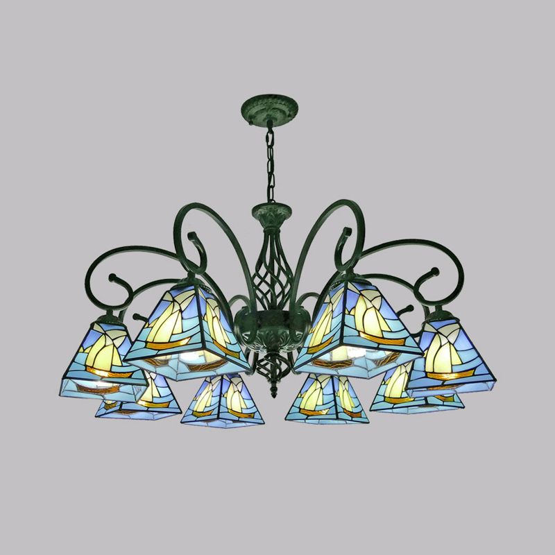 Pyramid Shade Chandelier Pendant Light Stained Glass Traditional Hanging Light for Dining Room