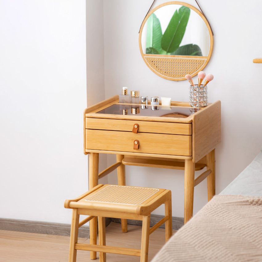 Scandinavian Natural Bedroom Solid Wood Mirror With Drawer Makeup Vanity Set