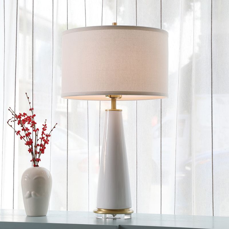 Fabric Drum Shade Nightstand Lamp Simplicity 1-Head Night Lighting in White with Ceramic Base