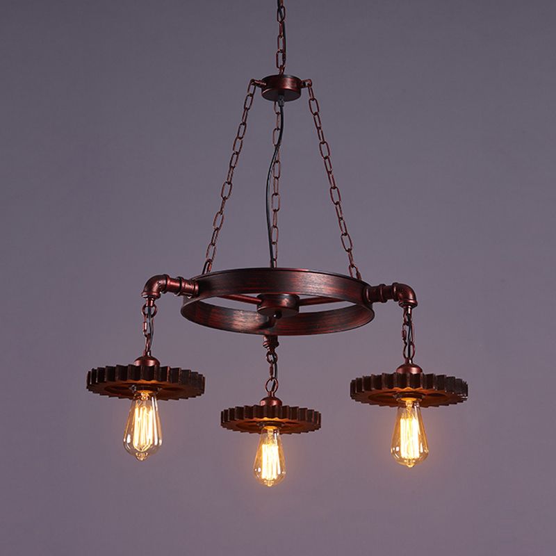 3/5/7 Heads Exposed Bulb Chandelier Light with Gear Deco Farmhouse Style Rust Metallic Ceiling Lamp for Bar