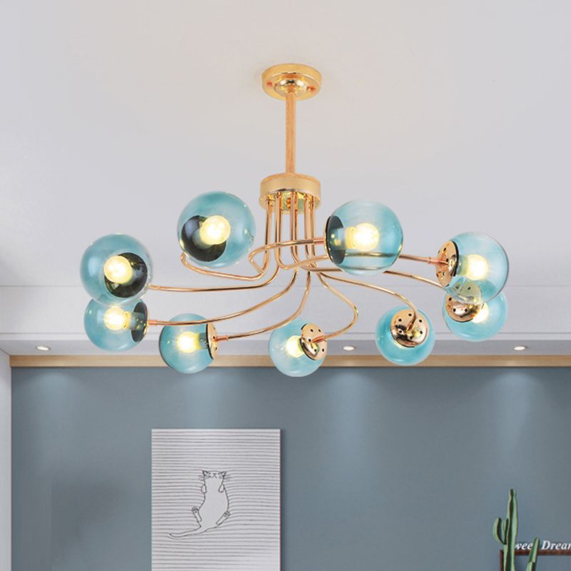 Round Ceiling Chandelier Modern Style Blue/Amber Glass 9 Lights in Gold/Black Hanging Lamp Kit