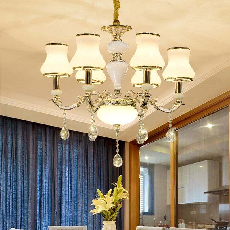 Milk Glass Gold Ceiling Chandelier Curved Arm 6 Lights Contemporary Crystal Pendant Lighting