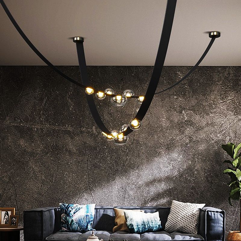 Modern Leather and Glass Hanging Pendant Lights in Black for Dining Room