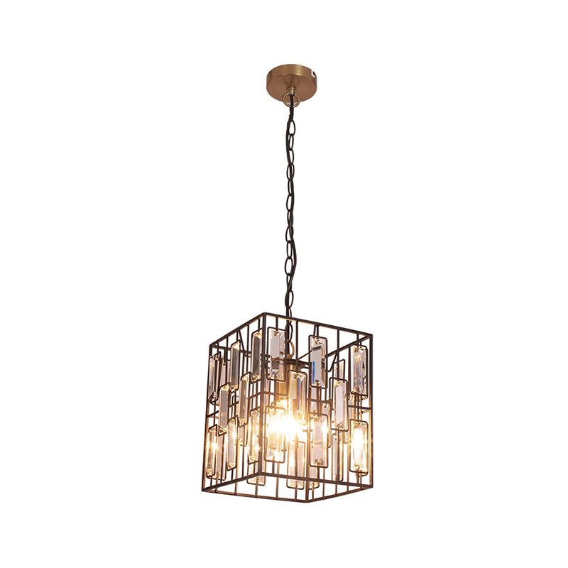 Black Cubic Cage Pendant Light Industrial Metal 1 Light Suspension Light with Crystal Accent for Restaurant