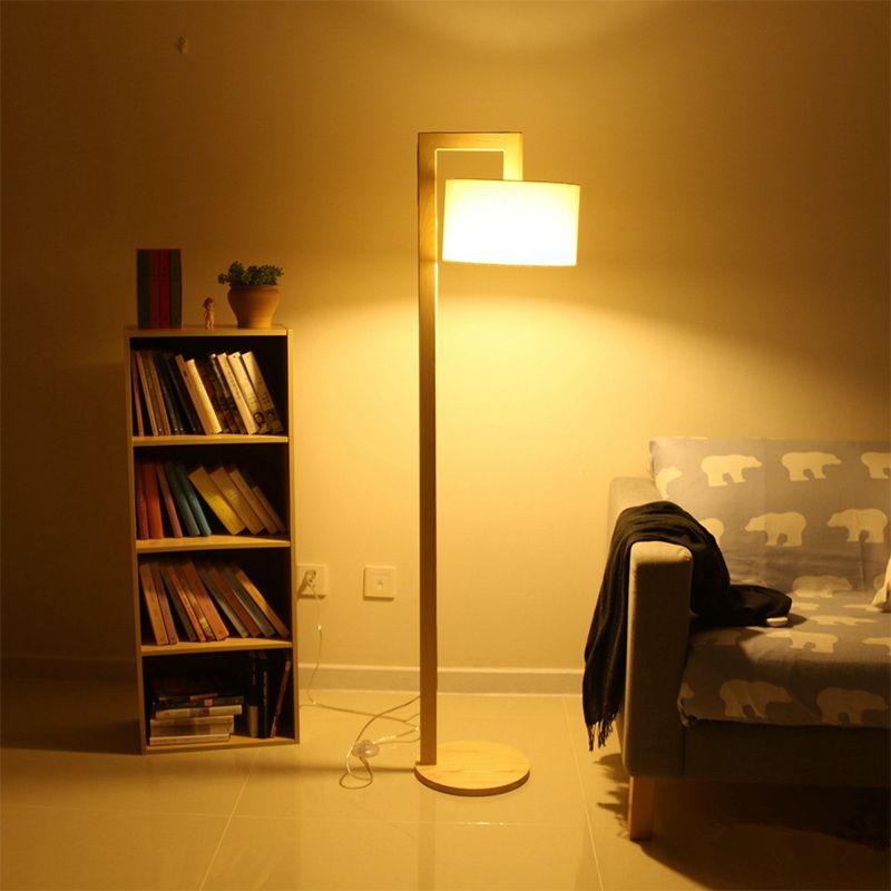 Cylindrical Fabric Floor Lamp Minimalist 1 Bulb Wood Stand Up Lamp with Right Angled Pole