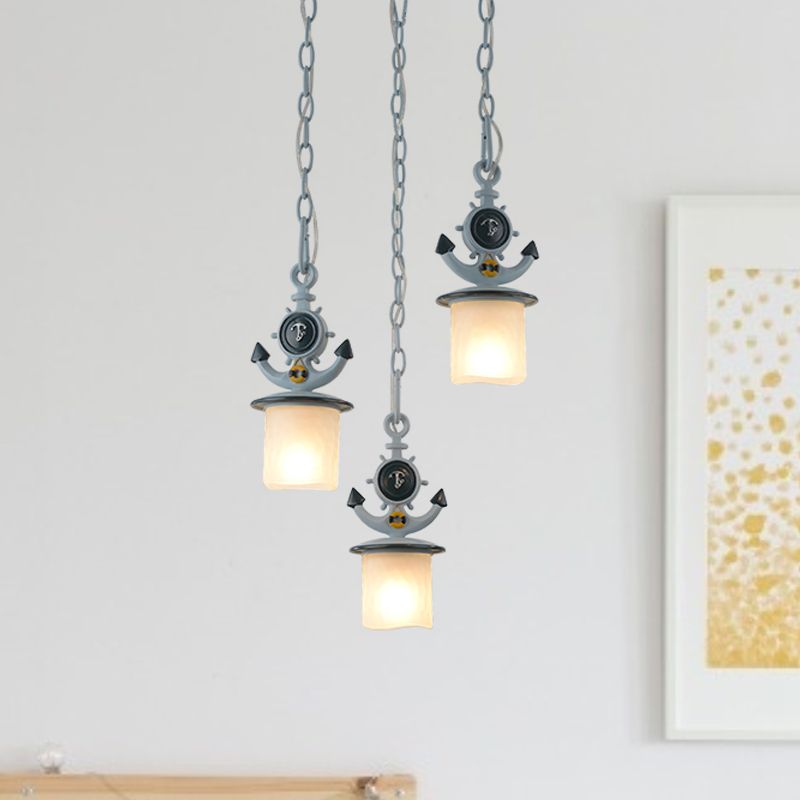 Dimpled Glass Cylindrical Multi Pendant Modern 3 Heads Down Lighting with Anchor Chain in Black/Blue, Linear/Round Canopy