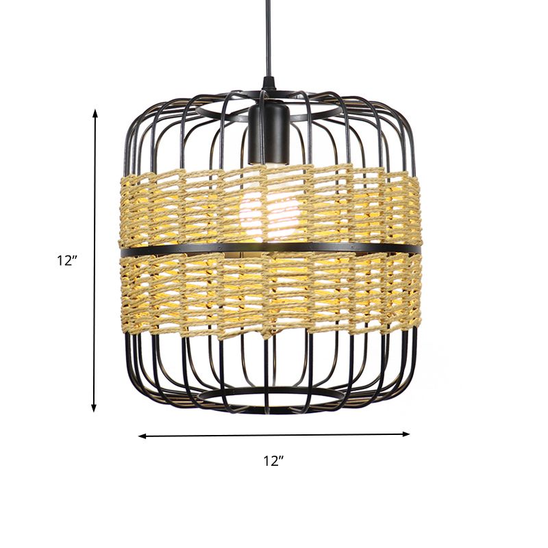 Cylinder Metal Cage Hanging Lamp Modern Straw Rope 1-Light Beige Drop Ceiling Light for Bedroom Restaurant