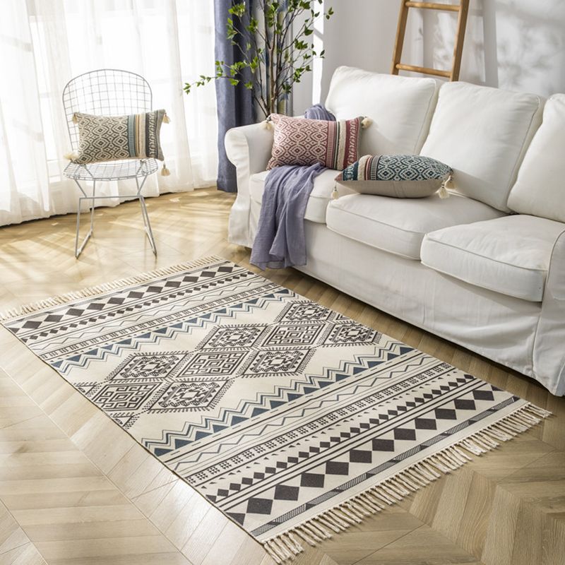 Colorful Americana Print Rug with Fringe Antique Cotton Blend Indoor Carpet Friendly Washable Carpet for Home Decoration