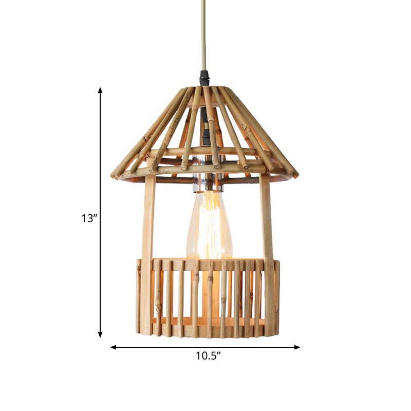 Small Pavilion Shaped Hanging Lamp Asian Style Bamboo 1-Light Dining Room Suspension Pendant in Natural Wood