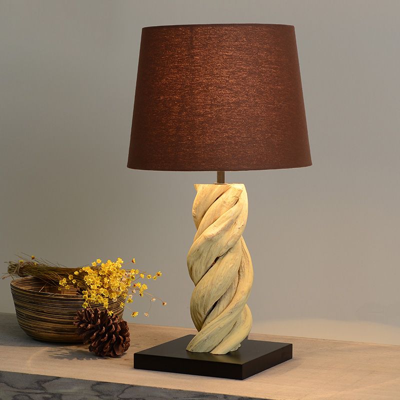 Barrel Night Table Light Art Deco Fabric 1 Head Brown Night Lamp with Spiral Wood Bar Base