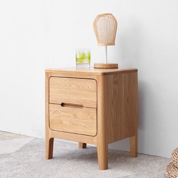 Oak Wood Kids Bedside Table Contemporary Nightstand with 2 Drawer