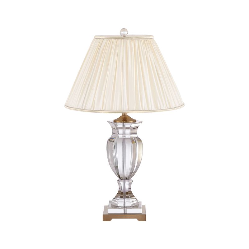 1 Bulb Night Stand Lighting with Tapered Shade Fabric Traditional Bedside Crystal Table Lamp in White