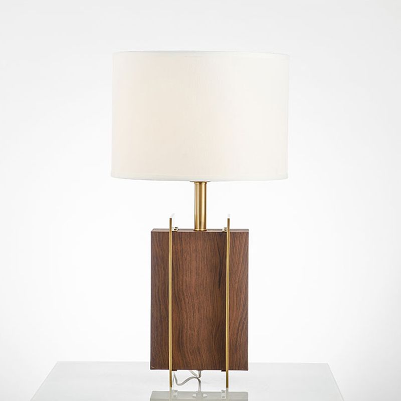 Metal Rectangle Desk Light Modernist 1-Head Fabric Table Lamp in Gold with Wood Detail