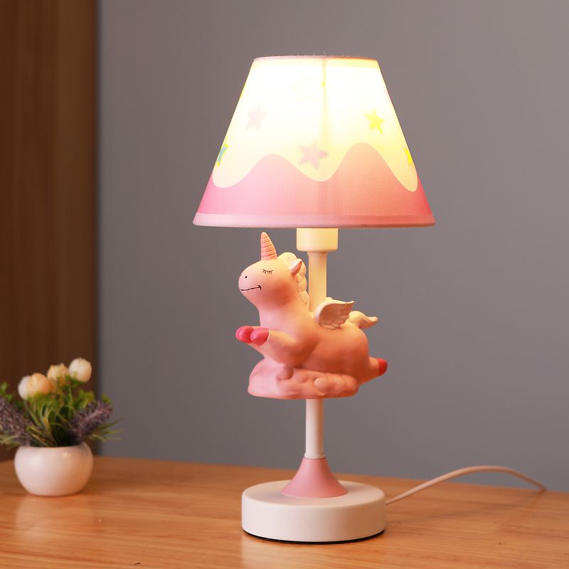 Cartoon 1 Light Table Lighting with Fabric Shade Conical Pink/Blue/Gold Unicorn Nightstand Lamp for Study Room