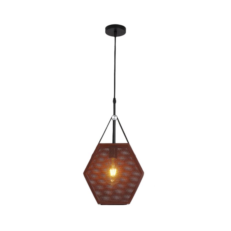 1 Head Pendant Lighting Vintage Pentagon Mesh Screen Metal Hanging Ceiling Lamp in Brown, 8"/10" Wide