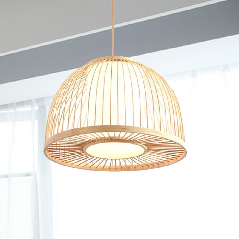 Modernism Domed Pendant Lamp Bamboo 1 Light Indoor Hanging Ceiling Light with Inner Cylinder Shade in Beige, 12"/14" W