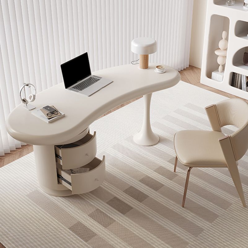 Irregular Shaped Wooden Office Desk White Writing Desk with 2-Drawer