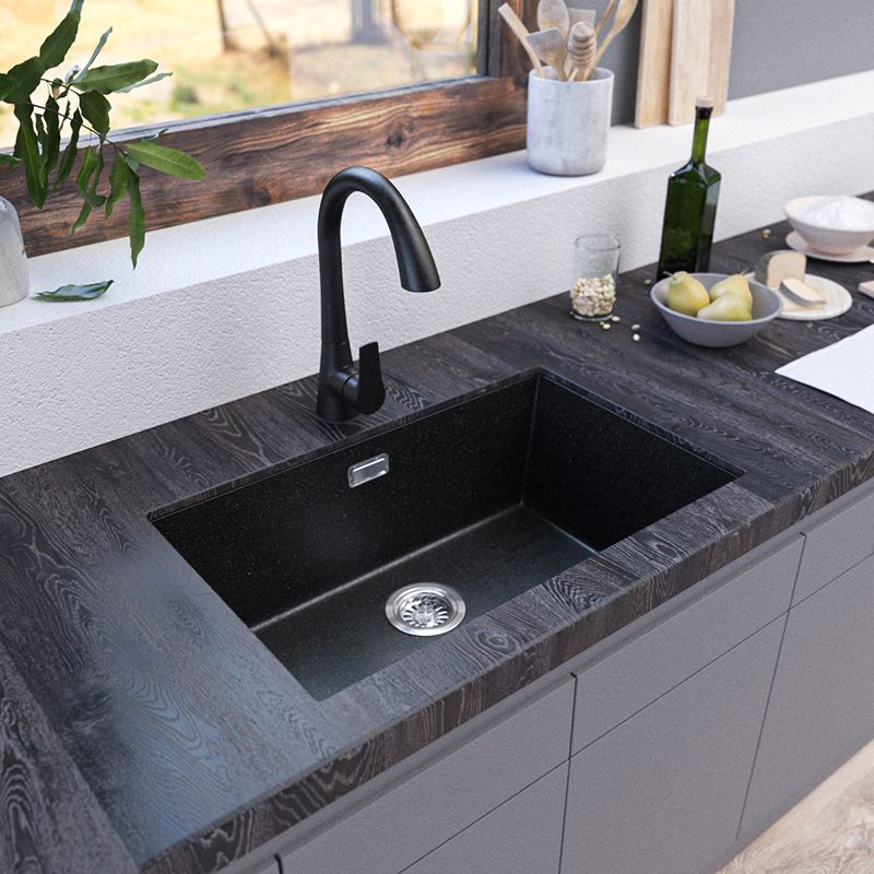 Contemporary Kitchen Sink Black Square Quartz Single Bowl without Faucet