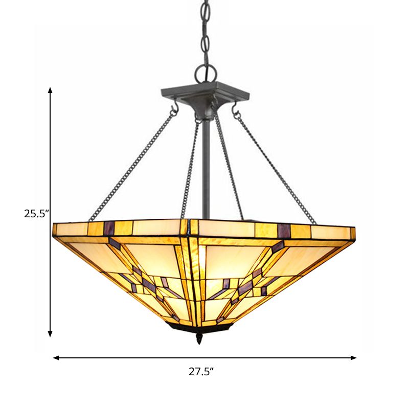 19.5"/27.5" Wide Tiffany Vintage Pyramid Chandelier Stained Glass Inverted Pendant Light in Beige for Bedroom