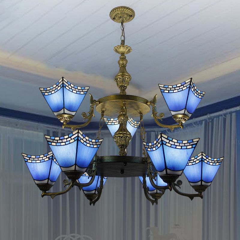 Nautical Pyramid Pendant Lamp 2 Tiers Blue Glass 9 Lights Chandelier with Metal Chain in Blue